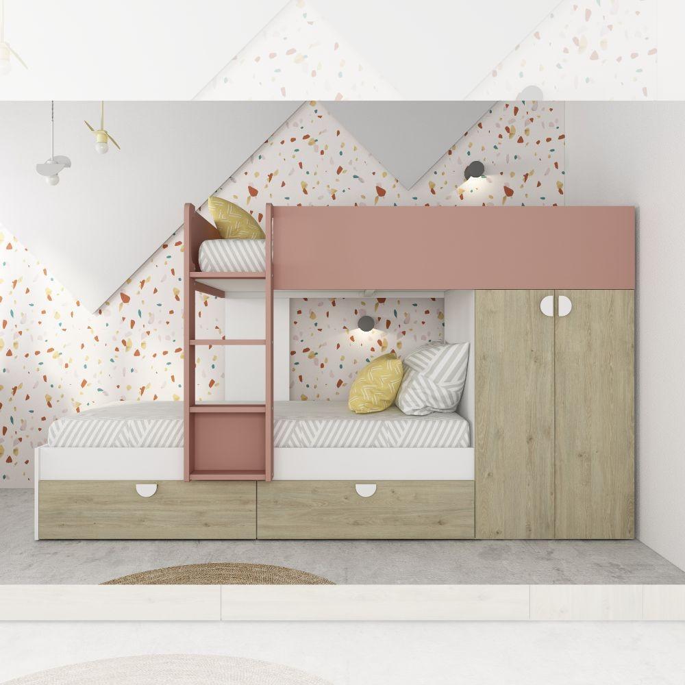Cameretta con letto a castello con cassettoni e armadio reversibile colore rovere e rosa antico