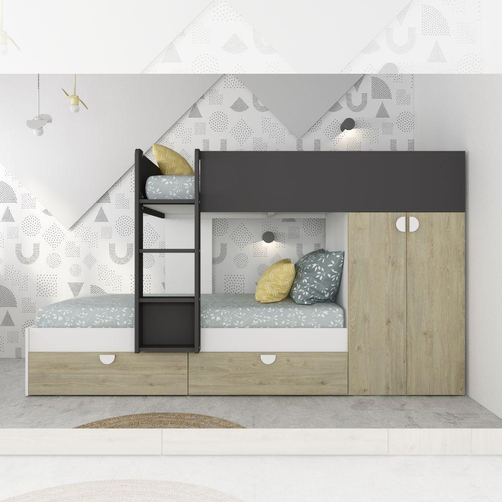 Cameretta con letto a castello con cassettoni e armadio reversibile colore rovere e antracite