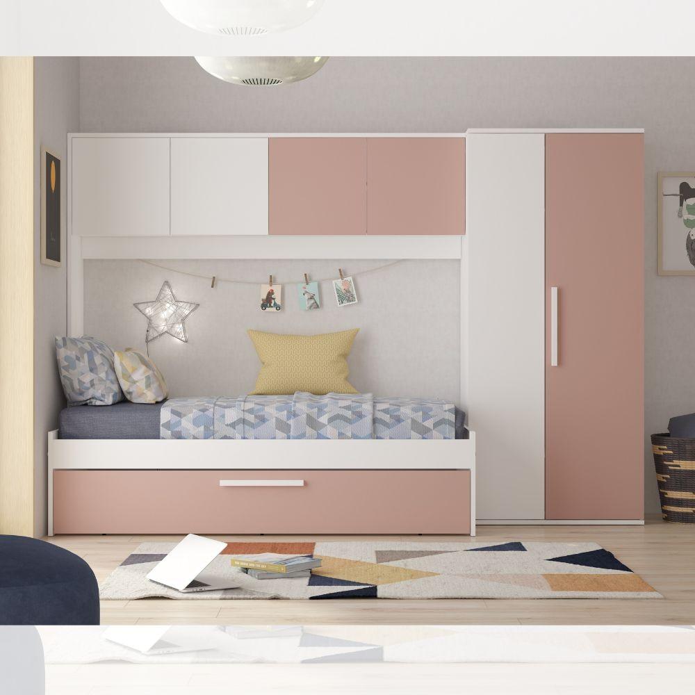 Cameretta a ponte 6007 con letto estraibile e armadio colore bianco e rosa antico reversibile