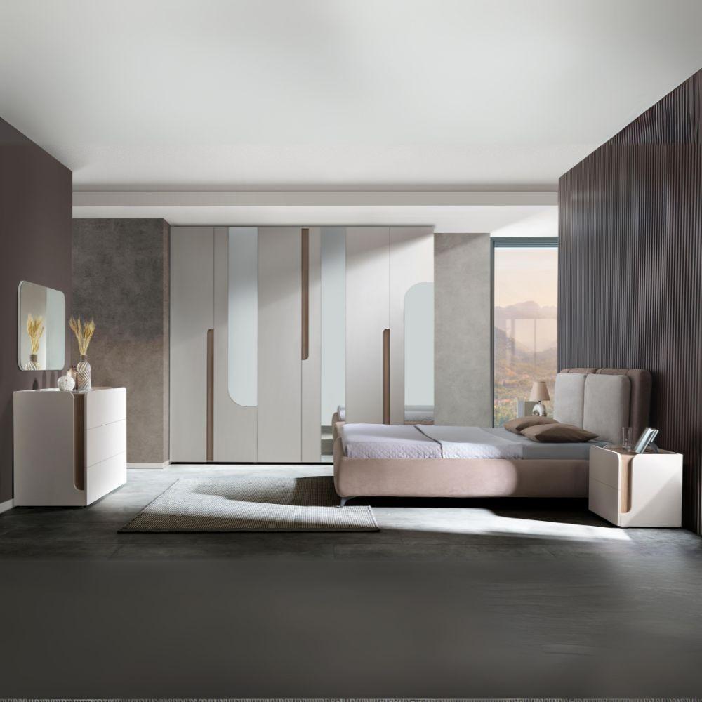 Camera da letto Loana con letto imbottito contenitore e armadio 6 ante con specchi colore cashmere biscotto