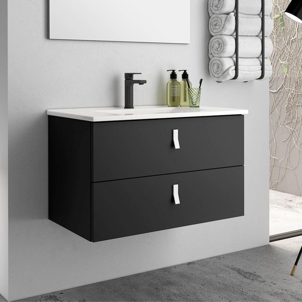 Mobile bagno sospeso Invicta con due cassetti colore nero e maniglia bianca 80x45x48 cm.