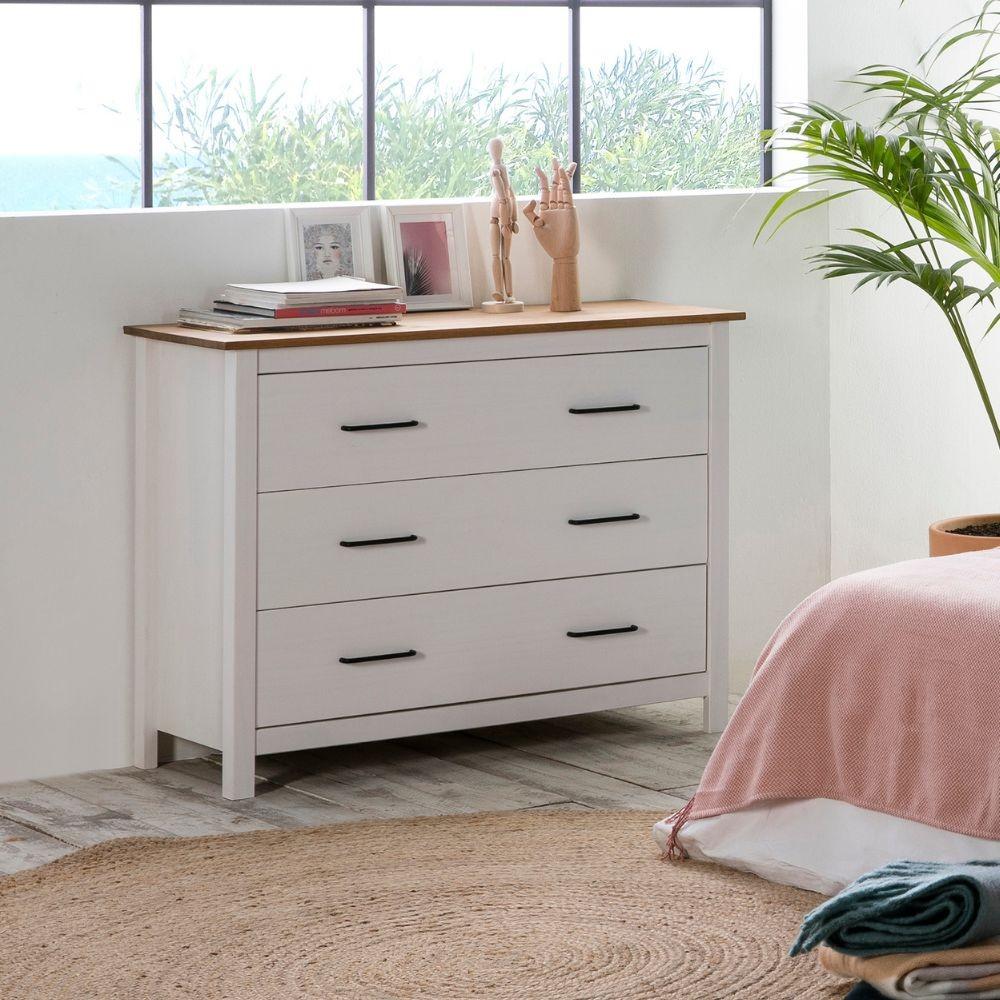 Com&ograve; Miranda con 3 cassetti in legno massiccio bianco e top pino