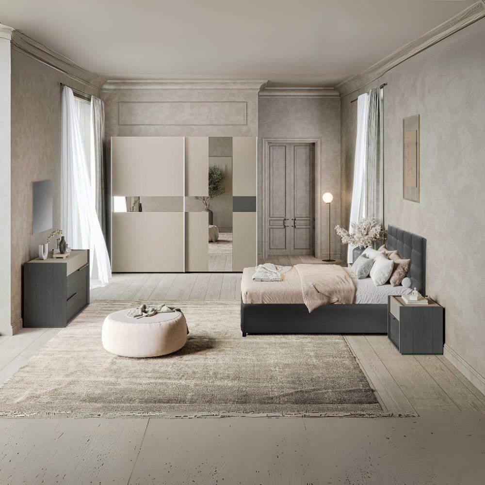Camera da letto Tania in grigio e talco con armadio 2 ante scorrevoli con specchi e letto contenitore Napoli grigio