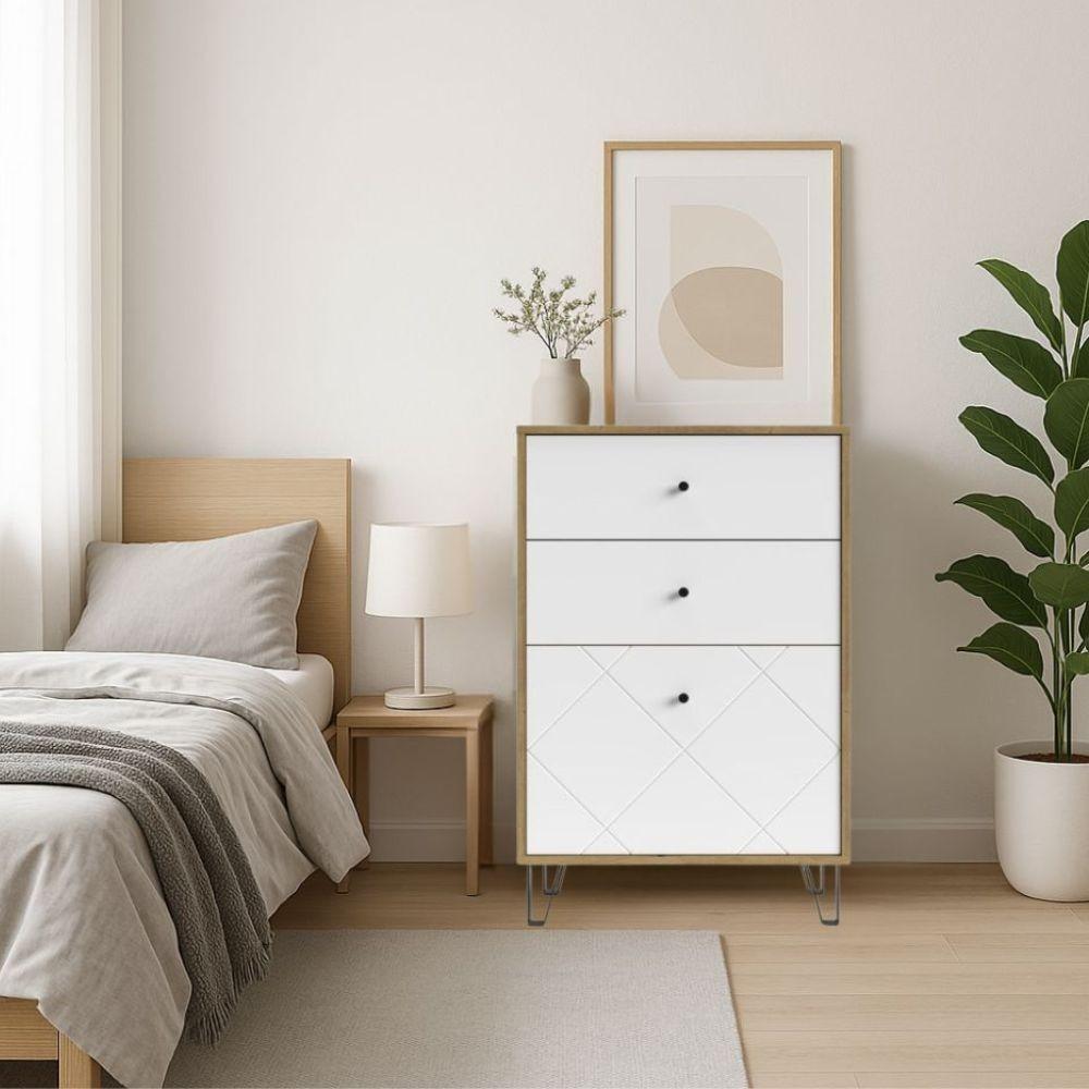 Cassettiera Bollo BO18 2 cassetti e un cassetto con anta a ribalta con dettaglio geometrico colore rovere artisan e bianco