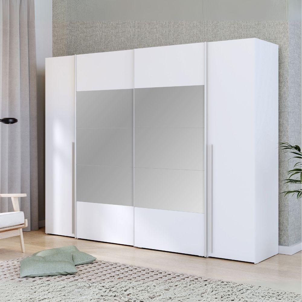 Armadio Callia con 2 ante battenti colore bianco e 2 ante scorrevoli con specchio 270.3x61.2xH210.5 cm.