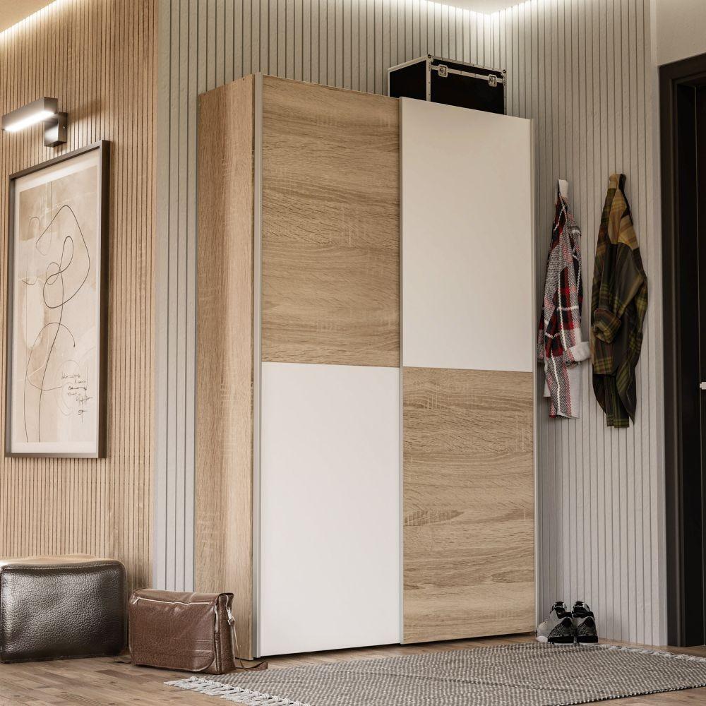 Armadio Zeno con 2 ante scorrevoli rovere e bianco e struttura rovere