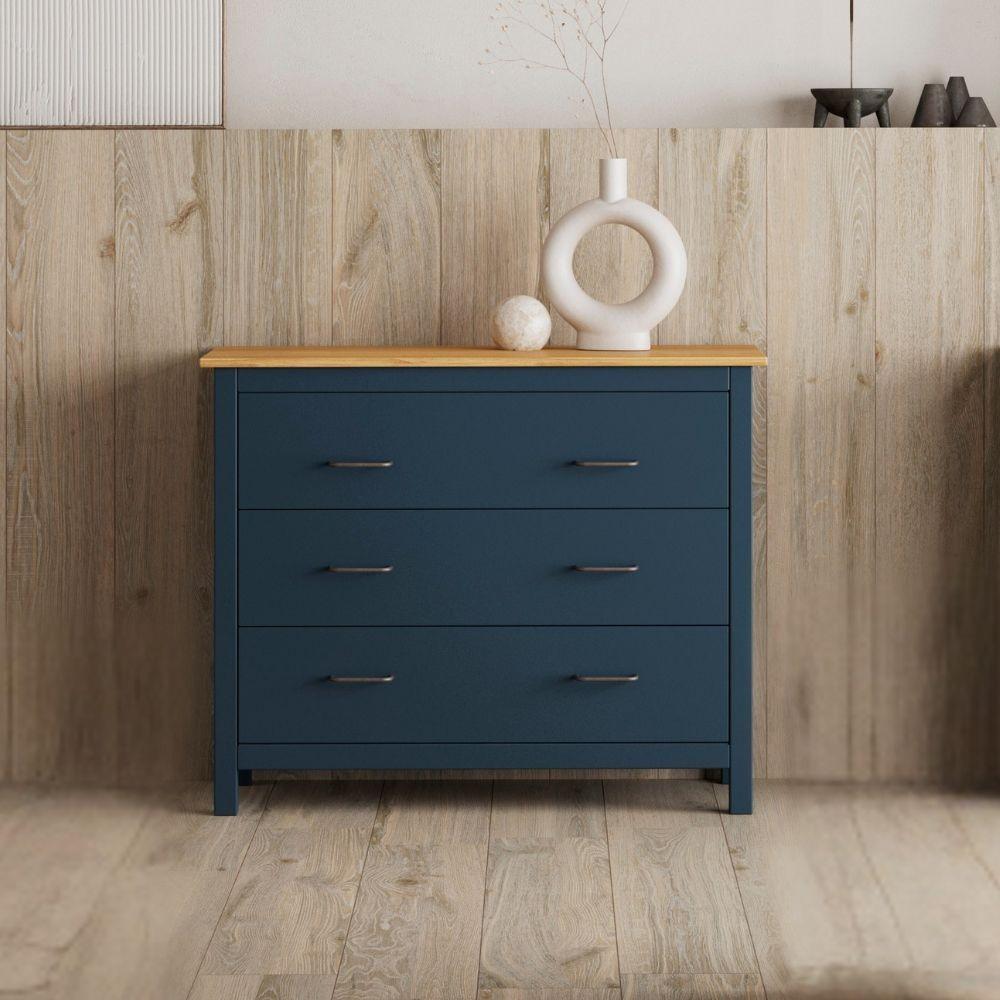 Com&ograve; Miranda 3 cassetti in legno massiccio blu e top pino