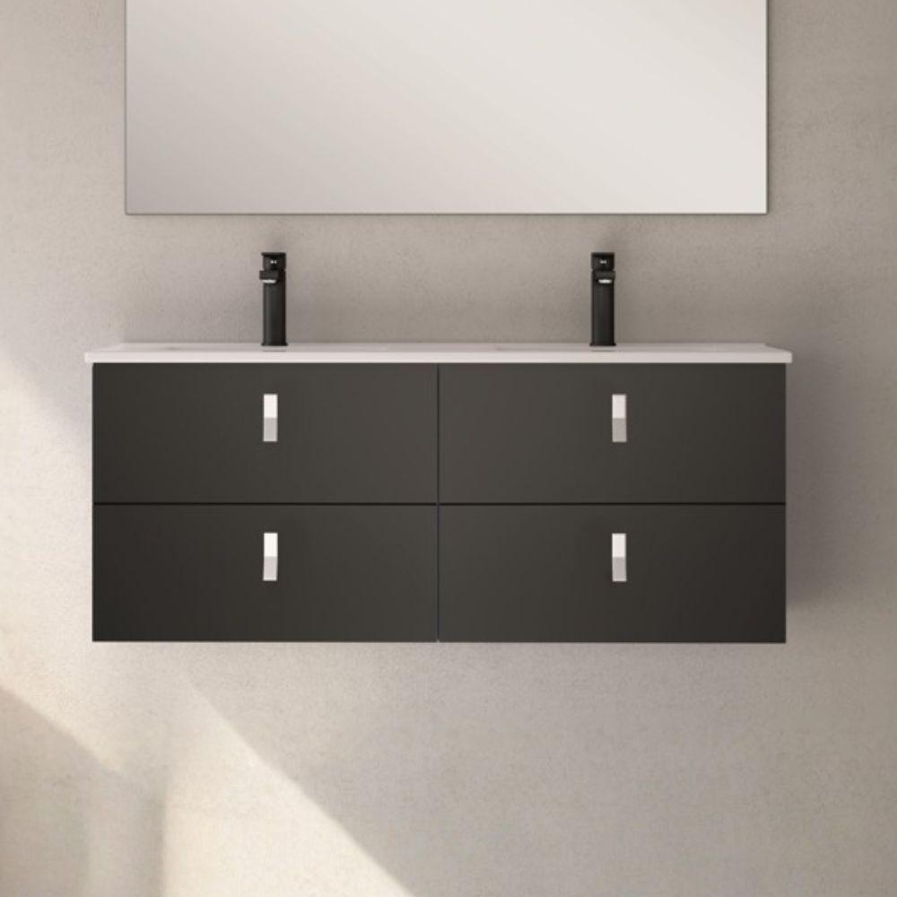 Mobile bagno sospeso Invicta con 4 cassetti colore nero con maniglie bianche 120x45x48 cm.