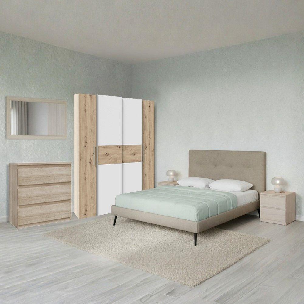 Camera da letto Milk con armadio 2 ante scorrevoli e 2 ante battenti rovere e bianco e letto Stiletto tortora