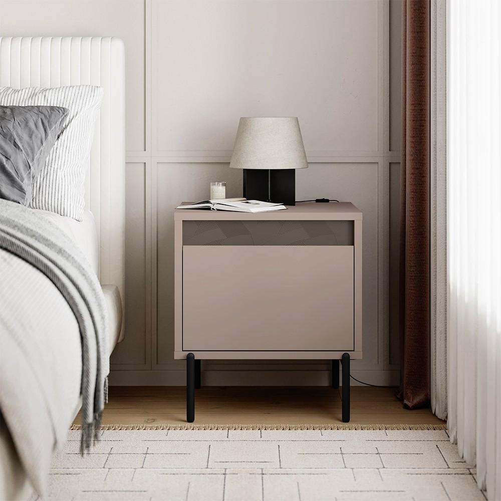 Comodino Mott con cassetto tortora e dark coffee con dettaglio decorativo