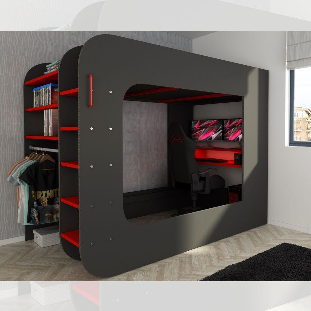 Letto a soppalco 5000 con postazione gamer reversibile antracite rosso